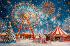 a painting of a ferris wheel in the snow with christmas trees and lights around it