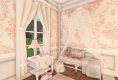 a white bed sitting next to a window in a room with pink wall paper on the walls