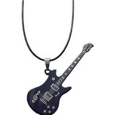 an electric guitar necklace with music notes on it's neck and a black cord