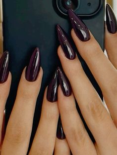 Dark nails perfect for Halloween 🎃💀 Purple Nails Acrylic Aesthetic, Very Dark Purple Nails, Ash Purple Nails, Dark Purple Aesthetic Nails, Deep Purple Almond Nails, Dark Nails Almond Shape, Nail Inspo Dark Purple, Witch Nails Aesthetic, Nail Dark Purple