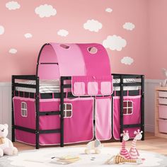 a child's bedroom with pink bunk beds and white clouds painted on the wall