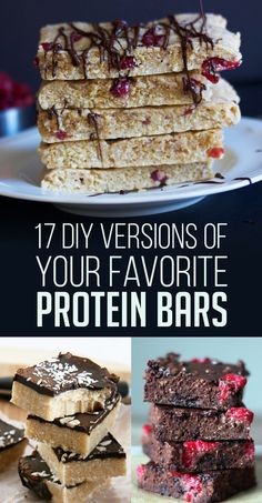 different types of protein bars with chocolate drizzled on top and the words 17 diy versions of your favorite protein bars