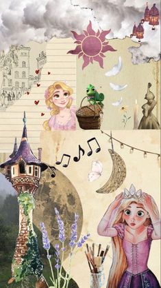 an altered collage with princesses and music notes