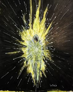 an abstract painting with yellow and white paint sprinkles on black paper,