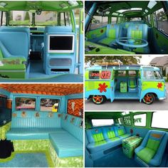 the interior of an old school bus painted bright blue and green