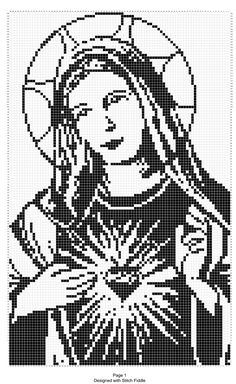 the virgin mary with her cat in black and white, on a cross stitch pattern