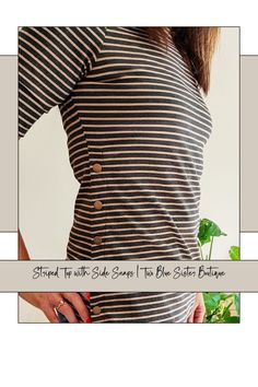 We are loving this retro casual cotton and spandex charcoal and beige striped top. There are plackets on each side, secured with high quality snaps. There are also snaps on the top left shoulder. It’s great for the summer to fall transition… Fall Transition, Summer To Fall, Autumn Summer