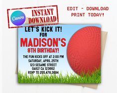 a birthday card with an image of a red ball in the grass and text that reads, let's kick it for madison's 8th birthday