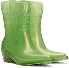 Ankle-high transparent and lightweight PVC boots in green. · Quilted detailing throughout · Pointed toe · Logo embossed at sides · Grenflex insole · Rubber block heel · Treaded rubber sole · Heel: H2.25 Supplier color: Green Summer Green Boots With Round Toe, Green Round Toe Summer Boots, Green Pointed Toe Boots With Reinforced Heel, Spring Green Boots With Reinforced Heel, Texas Boots, Pvc Boots, Green Quilt, Block Heels, Rubber Sole