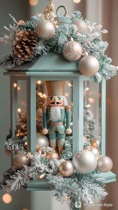 a nutcracker ornament in a lantern surrounded by christmas decorations and lights