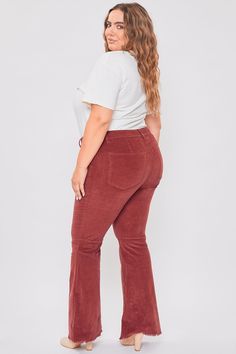 Step up your vintage style in our Women's Plus Corduroy Flare. These bell-bottom pants are in a textured corduroy and flare silhouette. Designed slim in the hips and thighs, as well as with a high-rise and a seam behind the knee for an extra flattering fit. Featuring a frayed hem to spice things up! We love these styled with a band tee and sneakers for a trendy look or a sweater vest and booties.Product Details- High-Rise - 1-Button Closure with Zipper - 5 Pocket Construction- Flare Silhouette S Stretch Flare Corduroy Bottoms, Stretch Corduroy Flare Bottoms, Flare Corduroy Pants For Fall, Fall Flare Corduroy Pants, Fall Corduroy Flare Pants, Plus Size Corduroy, Corduroy Flare Pants, Ymi Jeans, Bell Bottom Pants