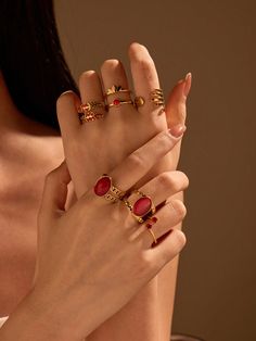 6 piezas Set de anillos de moda con piedras preciosas rojas incrustadas, estilo exagerado, de acero inoxidable y dorados, con forma de espiga de trigo, adecuado para decoración diaria de mujeres o como obsequio Amarillo Oro De moda   Acero Inoxidable     Women Fashion Jewelry, size features are:Bust: ,Length: ,Sleeve Length: Golden Fashion, Letter Decoration, Ear Ring, Red Gemstones, Watches Women Fashion, Bangle Set, Pink Diamond, Gold Plated Chains, Jewelry Party