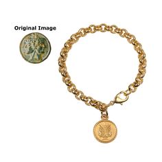 Our 7.5" (19cm) Long Janus charm bracelet is 24 Karat gold plate. Janus was regarded as the double headed Roman God - The custodian of the Universe, God of all beginnings. The month of January is named after him. The coin is 24 Karat gold plate over pewter. It measures approximately 0.75" diameter. © Multilana I have always been intrigued by the cultural and artistic aspects of the ancient world.   I started designing jewelry over 25 years ago. My mission has been to recreate museum historical t Gold Metal Charm Bracelet For Friendship, Gold Metal Charm Bracelet, Brass Jubilee Bracelet Charm For Gift, Classic Round Charm Bracelet As A Gift, Gold Jubilee Bracelet For Friendship, Classic Gold Bracelet With Charms As Gift, Brass Bracelet With Lobster Clasp As Gift, Brass Bracelets With Lobster Clasp As Gift, Gold Metal Jewelry For Friendship