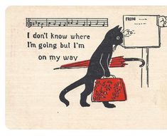 a drawing of a black cat carrying a red suitcase with notes on it and the words, i don't know where i'm going but i'm on my way