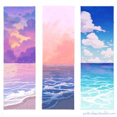 three vertical banners with the ocean and clouds in different shades of pink, purple, blue