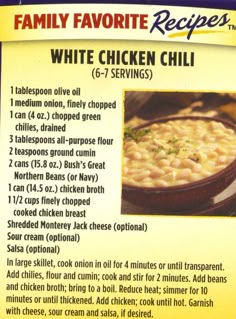 the recipe for white chicken chili is shown in an advertisement card, with information about its ingredients