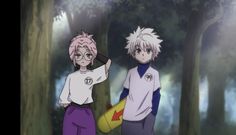 two anime characters are standing in the woods