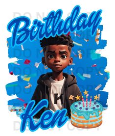 a young boy is standing in front of a birthday cake with the words,'birthday ken '