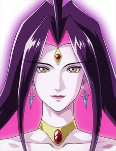 an anime character with purple hair and piercings on her ears, wearing gold jewelry