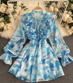 Tshirt Model, Tie Dye Mini Dress, Short Dress Styles, Blue Long Sleeve Dress, Outfit Shopping, Ruffles Fashion, Dye Dress, Design Dresses