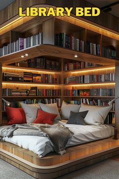 there is a bed with many books on the shelves in this room, and it's lit up