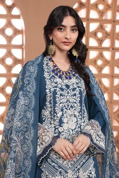 Khaadi Cambric | Embroidered | Fabrics 3 Piece BCA240406 Navy Signature Collection 2024 Original brand suit fabric and photography lite diffrance in actual print. Formal Blue Lawn Suit With Printed Motifs, Formal Blue Sets With Printed Motifs, Blue Formal Sets With Printed Motifs, Formal Embroidered Blue Lawn Suit, Elegant Embroidered Fabric With Printed Motifs For Wedding, Ladies Clothing, Shalwar Kameez, Suit Fabric, Signature Collection