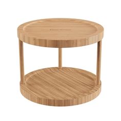 a round wooden table with two shelves on each side