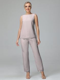 Simple 3 Pieces Chiffon Mother Of The Bride Dress Pants Suits Sleeveless Evening Sets For Spring, Spring Evening Sleeveless Sets, Sleeveless Spring Wedding Pantsuit, Formal Sleeveless Silk Sets, Summer Formal Chiffon Sets, Silk Summer Workwear Sets, Elegant Silk Summer Sets, White Wisteria, Dress Pant Suit