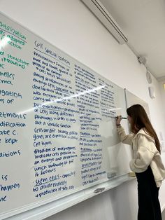 a woman writing on a white board in front of a wall with words written on it