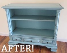 an old blue bookcase turned into a nightstand