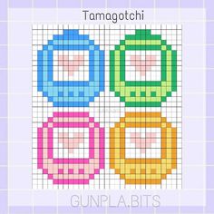 three different colored squares with the words tamagotchi on them