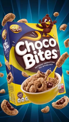 a box of chocolate bites cereal with an image of a bird in the middle of it