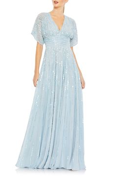 Mac Duggal Print Metallic Gown | Nordstrom Empire Waist Gown, Beaded Cape, Powder Blue Color, Mac Duggal, Chiffon Gown, Gowns With Sleeves, Chiffon Ruffle, A Line Gown, Evening Gowns Formal