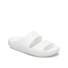 Crocs-Classic v2 Slide Sandal Add to your summer casual fit with the Classic v2 slide sandal from Crocs. Cushy Iconic Crocs Comfort™ in a versatile design ensures easy styling with fave everyday looks. White Lightweight Slip-on Sandals, Lightweight White Slip-on Slides, Lightweight White Slip-on Sport Sandals, White Lightweight Slides For Spring, Casual White Lightweight Slides, Lightweight White Sport Sandals For Spring, Lightweight White Slide Sandals, Casual White Slide Flip Flops, White Lightweight Sandals For Vacation