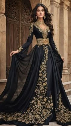 Black And Gold Dress, Gaun Fashion, Prom Dress Styles, Fantasy Dresses, Fantasy Gowns, Fairytale Dress, Fantasy Dress, Glam Dresses, Gorgeous Gowns