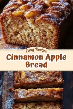 cinnamon apple bread cut into slices and stacked on top of each other with text overlay