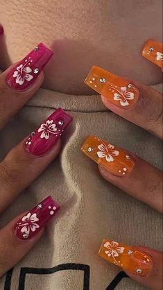 Hibiscus Nails, Unghie Nail Art, Acrylic Nail Set, Pink Nail, Fire Nails, Funky Nails, Pretty Acrylic Nails