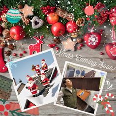 a christmas card with santa clause and other holiday decorations