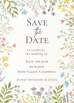 save the date card with flowers and leaves