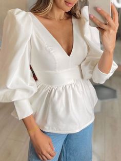 Solid Zip Side Lantern Sleeve V-neck Blouse For Women Cheap - NewChic Cheap Blouses, Blouse For Women, Chic Clothes, Lantern Sleeve, V Neck Blouse, Fashion Chic, Lantern Sleeves, Clothes Online, Elegant Woman