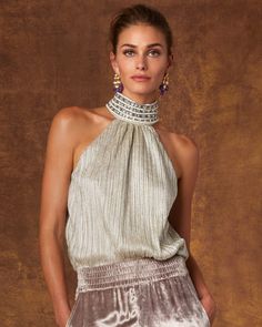 NicoBlu® Odile Halter Top in Silver Cascade and Embellishment – NICOBLU Halter Neck Top Outfit, Crop Top Ideas, Halter Tops Outfit, Scarf Blouse, Linen Harem Pants, Casual Luxe, Evening Jacket, Top Ideas, Evening Jackets