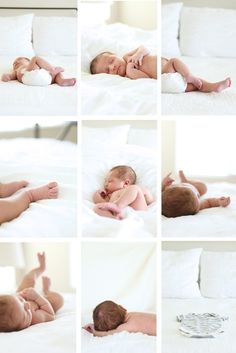 multiple pictures of a baby laying on top of a bed