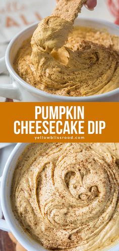 pumpkin cheesecake dip in a white bowl with a hand holding a cracker over it