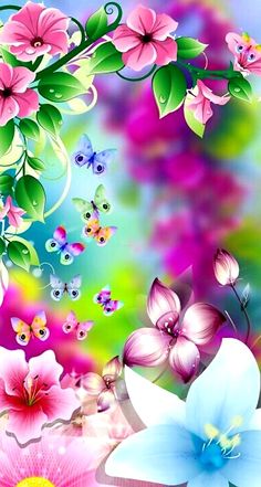 flowers and butterflies on a colorful background