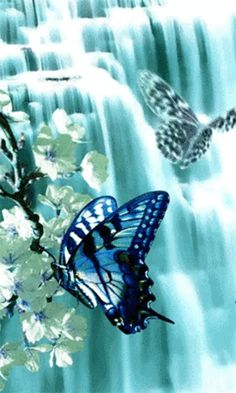 two butterflies flying over a waterfall with flowers