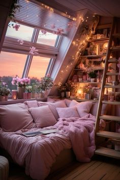 a loft bed with pink sheets and pillows in front of a window