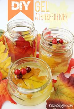 three jars filled with gel air freshener sitting next to autumn leaves and maples