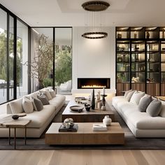 a modern living room with white couches and fireplace