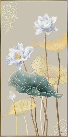 water lilies and leaves on a gray background with clouds in the sky above them