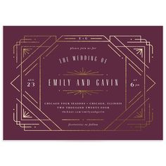 an art deco wedding card with the words,'the wedding of emery and cavin '